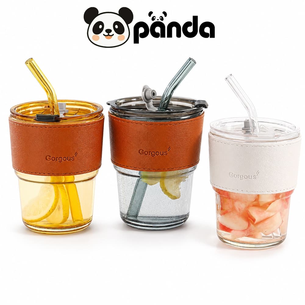 Panda แก้วน้ําดื่ม 450ml แก้วแก้วทนความร้อน แก้วกาแฟมินิมอล พร้อมฝา หลอดแก้ว และปลอกซิลิโคนกันร้อน
