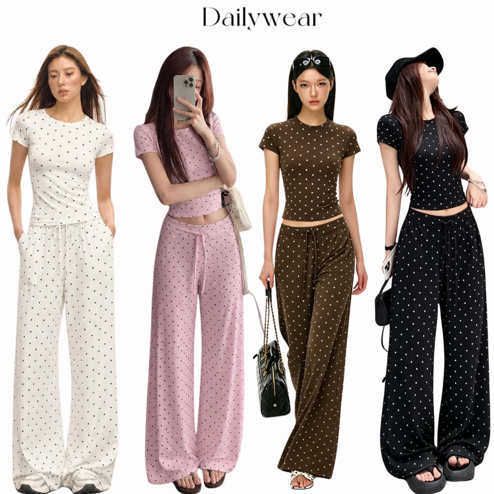 Dailywear พร้อมส่ง เซตผ้ายืดลายจุดเล็กเรียบง่าย เสื้อแขนสั้นรัดไหล่ กางเกงขาบานยาวคลุมเท้า ซ่อนขาใหญ่