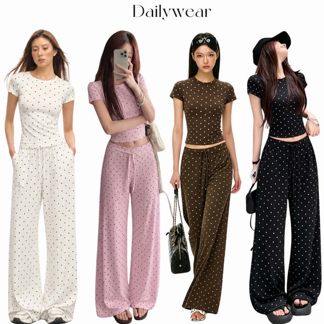 Dailywear พร้อมส่ง เซตผ้ายืดลายจุดเล็กเรียบง่าย เสื้อแขนสั้นรัดไหล่ กางเกงขาบานยาวคลุมเท้า ซ่อนขาใหญ่