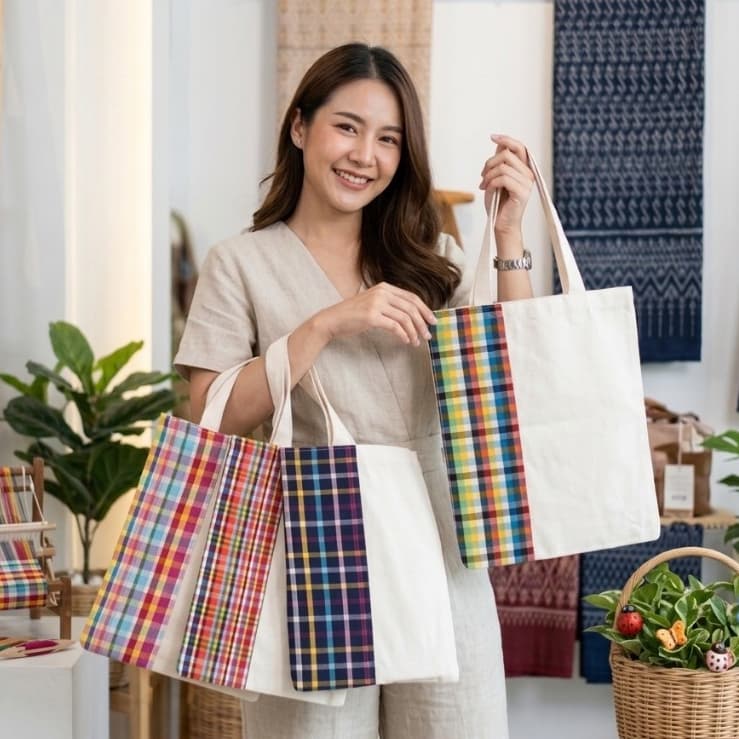 (ขายถูก 1โหล/12ใบ ) ถุงผ้าดิบ คาด ลายผ้าขาม้า กระเป๋าผ้าดิบ 12X14นิ้ว (เพ้นท์ลาย หรือ นําไปสกรีน ได้)…