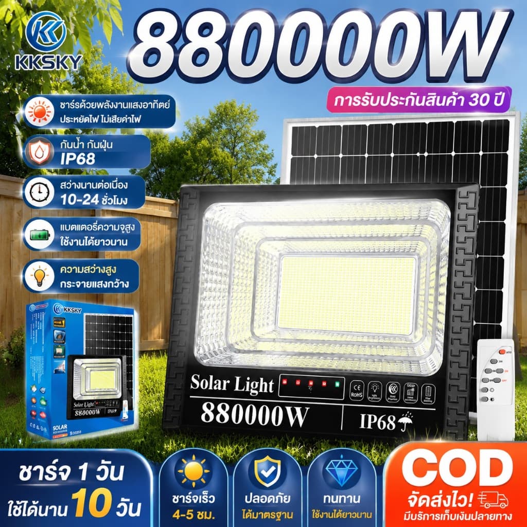 KKSKY【รับประกัน30ปี】ไฟโซล่าเซลล์ 880000W ซื้อ 1 แถม 1 โซล่าเซลล์ ไฟสปอร์ตไลท์ LED IP68 กันน้ํา…