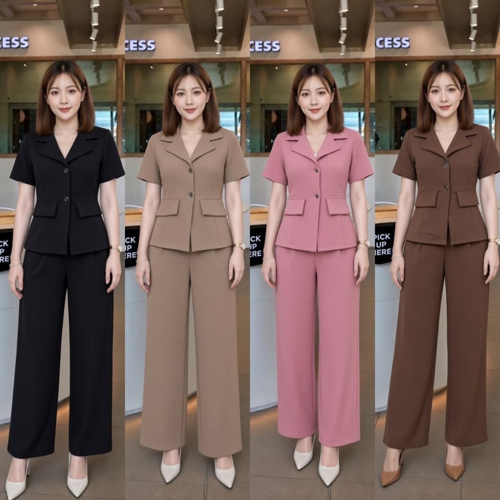 LR41_ชุดเซ็ต 2 ชิ้น เสื้อสูทแขนสั้นคอปก กางเกงขายาวทรงตรง เรียบหรู ใส่ทํางาน ใส่เที่ยวได้
