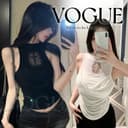 Vogue🌟พร้อมส่ง🌟 เสื้อกล้ามคอครึ่งสูงไม่มีแขน ตัดต่อตาข่ายลูกไม้ลายกางเขนที่หน้าอก ทรงเข้ารูป สไตล์เผ็ดเท่…