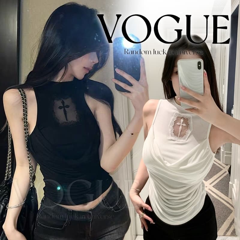 Vogue🌟พร้อมส่ง🌟 เสื้อกล้ามคอครึ่งสูงไม่มีแขน ตัดต่อตาข่ายลูกไม้ลายกางเขนที่หน้าอก ทรงเข้ารูป สไตล์เผ็ดเท่…