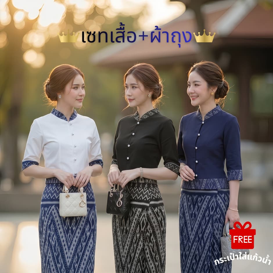 ชุดผ้าไทยลายคราม เสื้อพร้อมผ้าถุงหมักโคลน เซ็ท2ชิ้น ผ้าฝ้ายเกรดA เนื้อนุ่มใส่สบาย แถมฟรีกระเป๋าใส่แก้วน้ํา!!