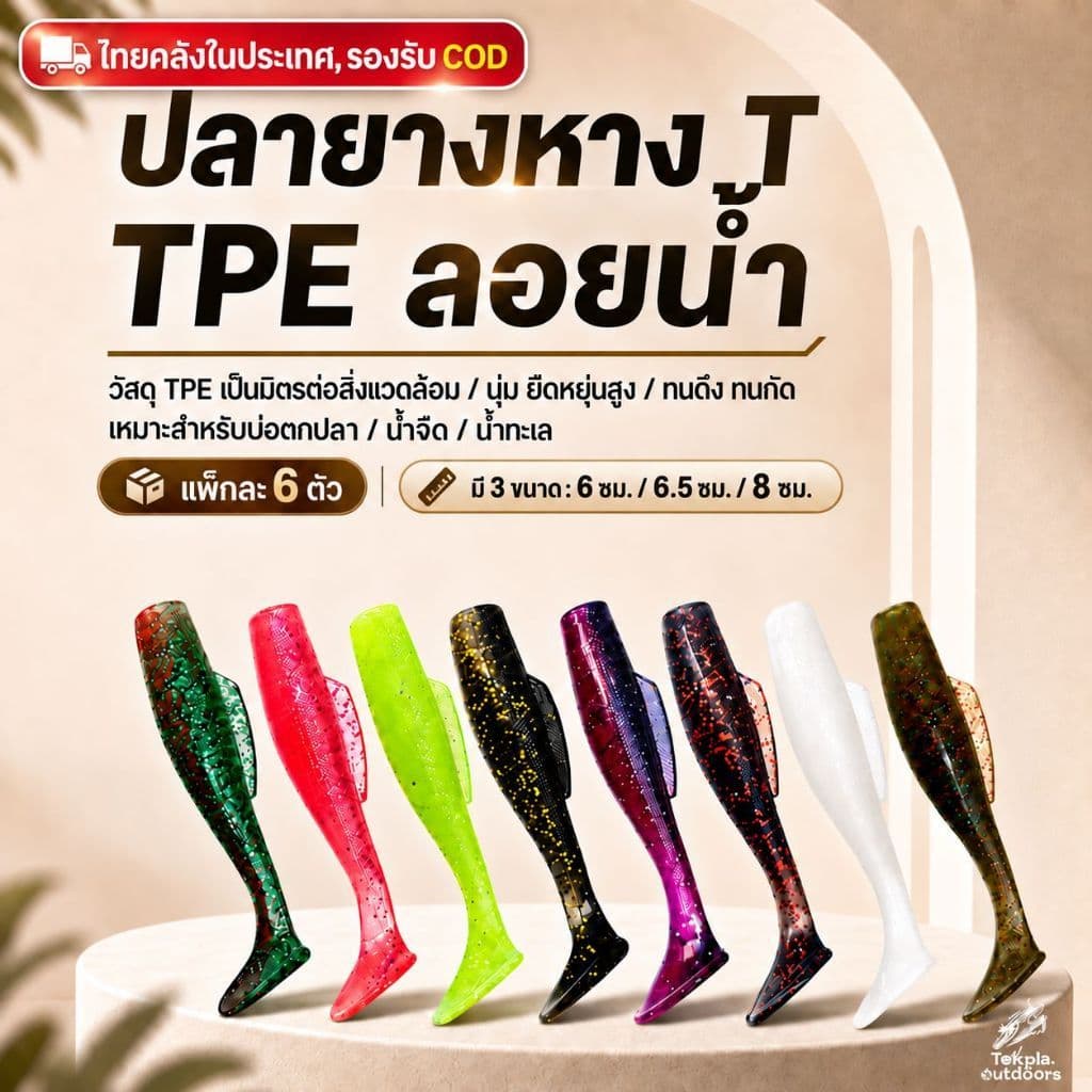 ปลายางหาง T TPE ลอยน้ํา เหยื่อปลอมตกปลา นุ่มยืดหยุ่น ทนกัด ล่อปลาช่อน กะพง ชะโด 6/6.5/8ซม 6ตัว/ซอง