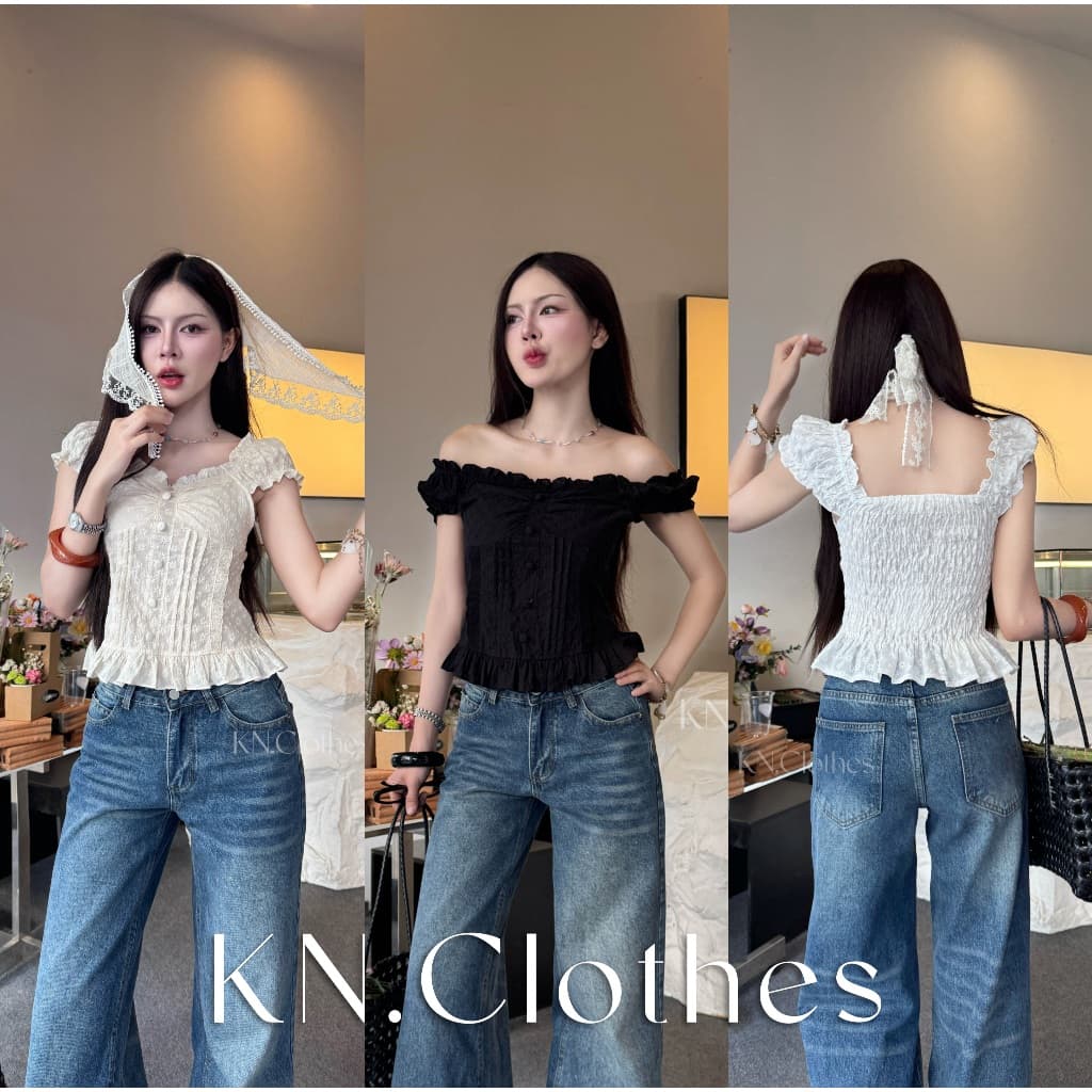 Florea top : เสื้อแขนตุ๊กตา เย็บจีบหน้าอก ตีเกล็ดหน้าเข้ารูป แต่งกระดุมปั้ม ผ้าปักลายดอกไม้ KN.Clothes