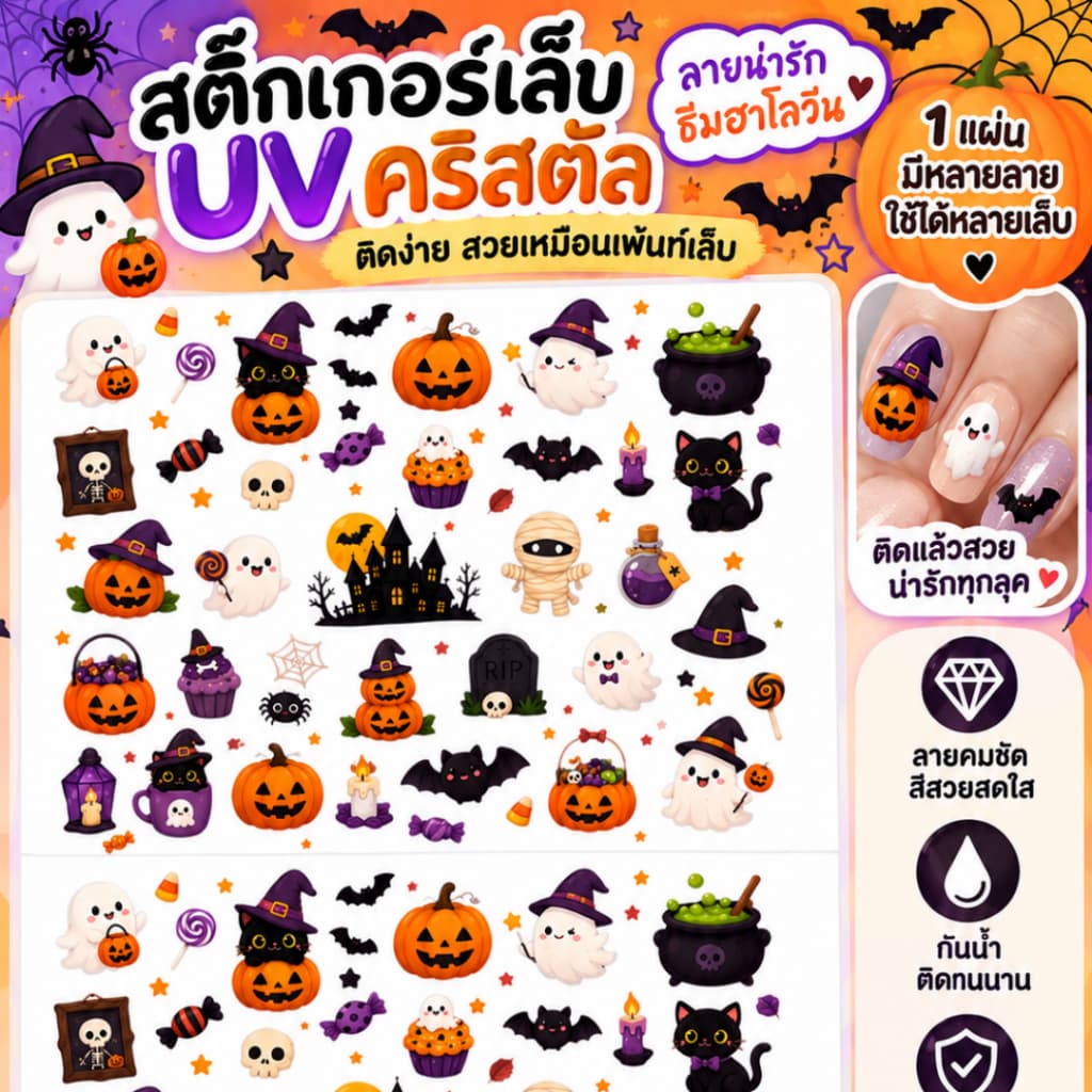 สติกเกอร์ติดเล็บ UV Nail Sticker ลายคริสต์มาส ฮาโลวีน กันน้ํา ติดทนนาน ซานต้า กวาง หิมะ DIY
