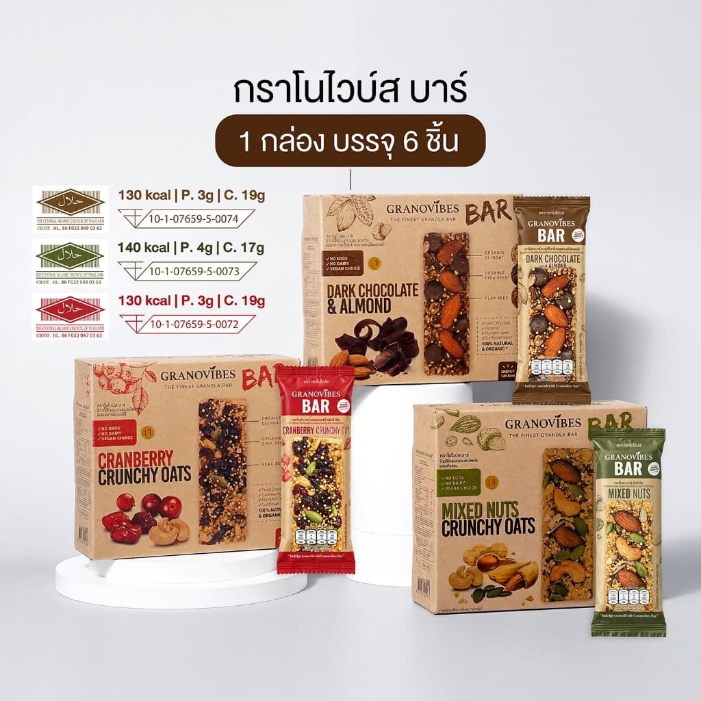 Granovibes Bar กราโนล่า ชนิดแท่งผสมซูเปอร์ฟู้ด 1 กล่อง บรรจุ 6 บาร์