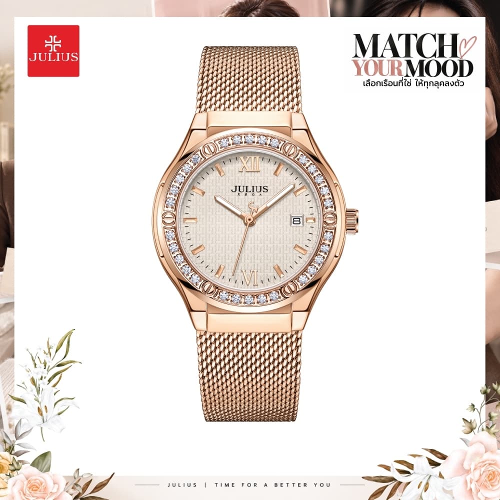 Julius นาฬิกาข้อมือผู้หญิง JA-1550 สายสแตนเลส ขอบหน้าปัดประดับคริสตัล แบรนด์เกาหลี แฟชั่นฮิตของแท้