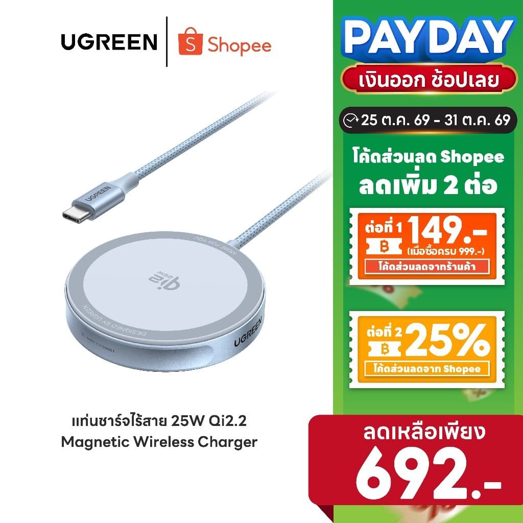 UGREEN Magnetic Wireless Charger 25W สําหรับ iPhone/Type-C 1.5m ชาร์จไร้สายแบบแม่เหล็ก รุ่น 55959