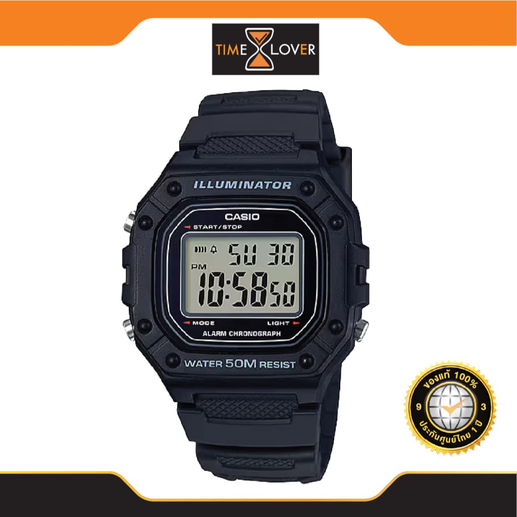 Casio รุ่น W-218H-1AV นาฬิกาข้อมือผู้ชาย สายเรซิ่น - สีดํา
