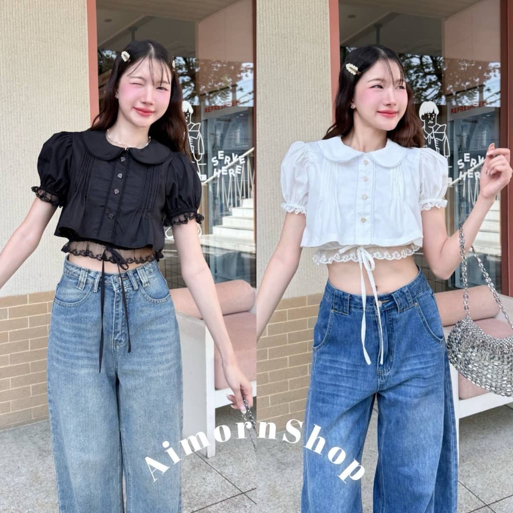 aimorn_shop เสื้อครอปแขนตุ๊กตา ครอปลูกไม้ คอบัว แต่งดกระดุมน่ารักๆ ชายเสื้อแต่งลูกไม้
