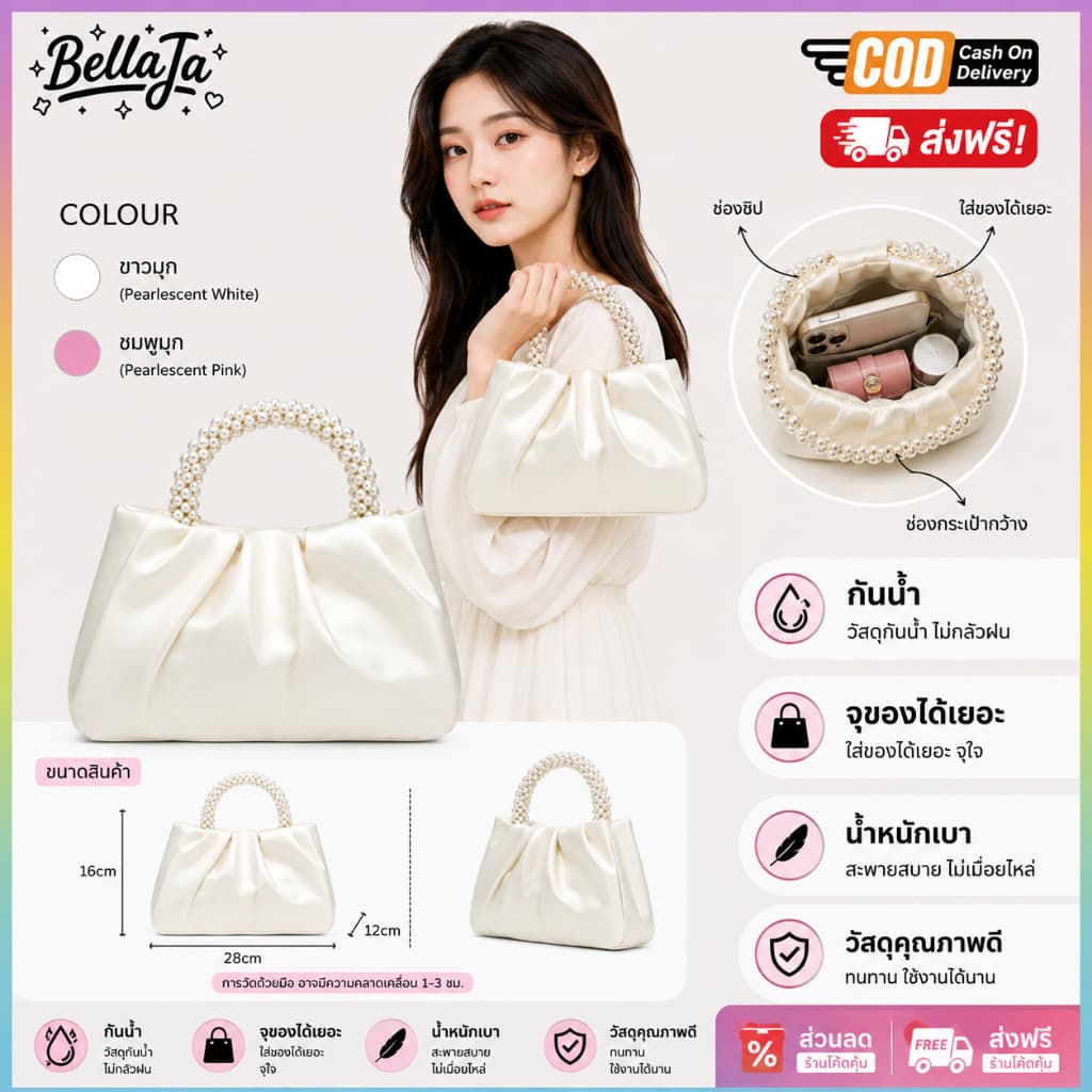Bellaja💗กระเป๋าผู้หญิง สายไข่มุก น่ารัก แฟชั่นเกาหลี จุของได้เยอะ น้ําหนักเบา สะพายข้างได้ ส่งจากไทย