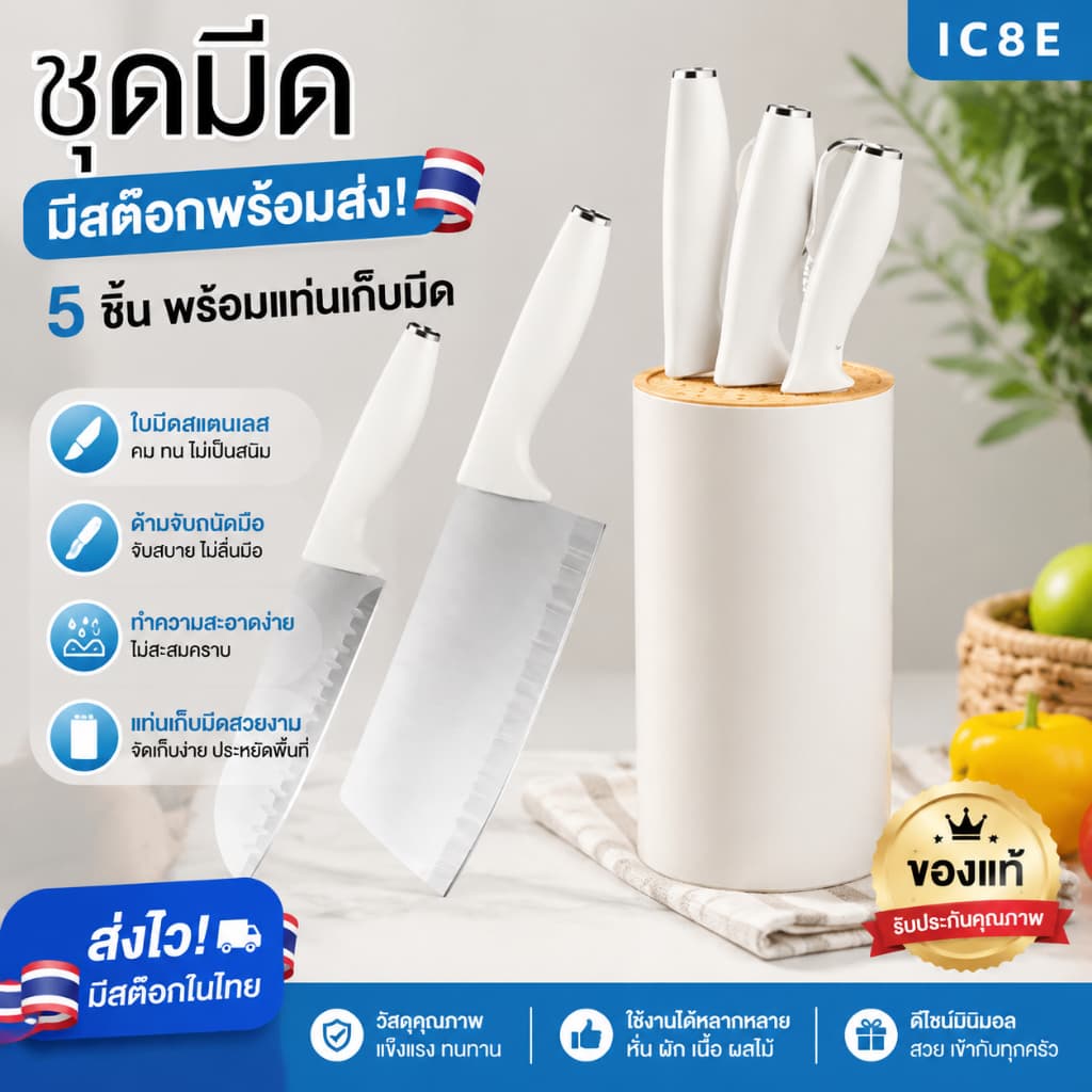 ชุดมีดทําครัว 5 ชิ้น มีดสแตนเลสความแม่นยําสูง ประกอบด้วยมีดเชฟ มีดขนมปัง มีดหั่นเนื้อ กรรไกร