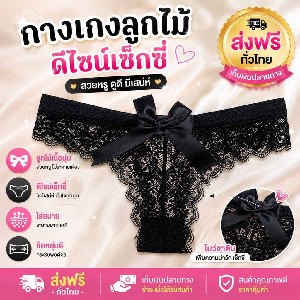 PrettyLady Shop(002)กางเกงชั้นในจีสตริง โบว์ที่ด้านหลัง ลูกไม้ เซ็กซี่
