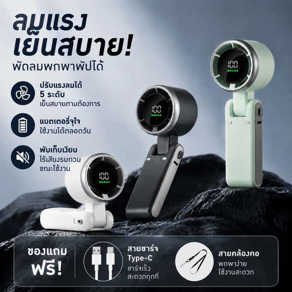 พัดลมพกพา N607 พัดลมพับได้ 180° พกพาไปทํางานได้ USB พับได้ 3in1 พัดลมพกพาชาร์จแบตได้
