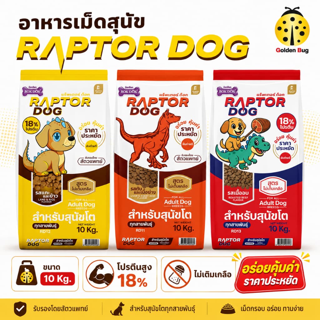 RAPTOR DOG แร็พเตอร์ ด็อก อาหารสุนัข ขนาด 10kg ไม่เติมเกลือ สารอาหารครบถ้วน
