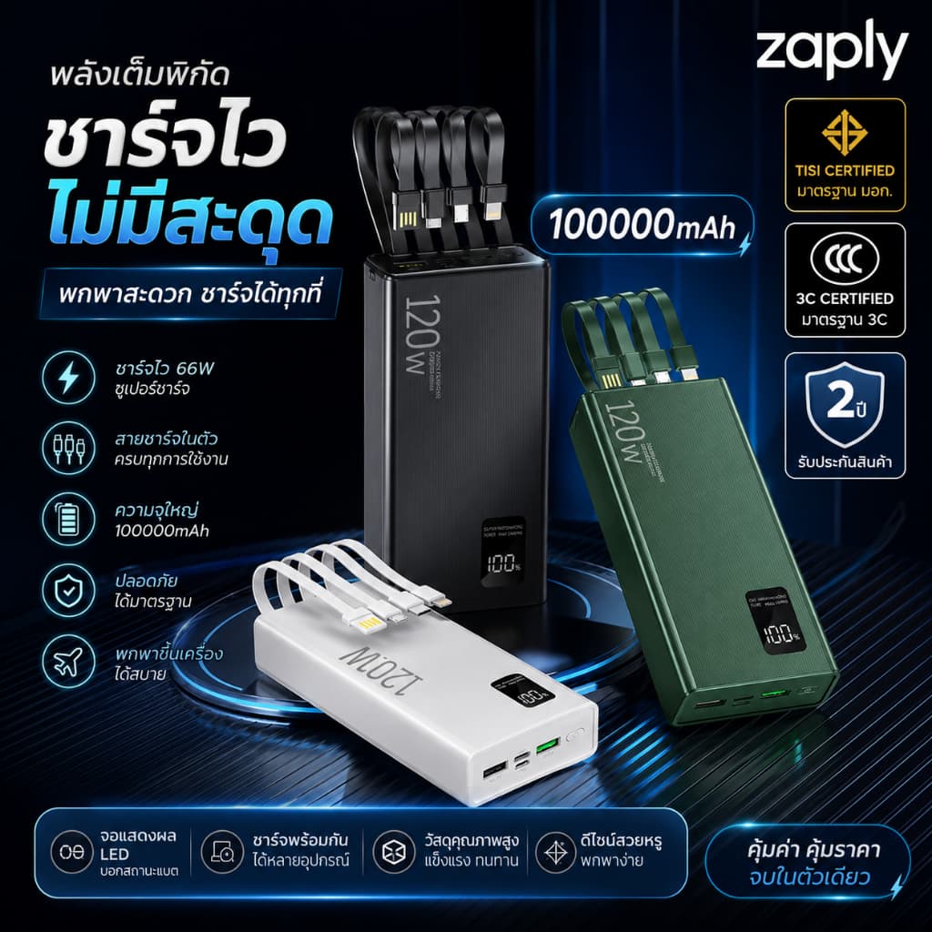 ZAPLY พาวเวอร์แบงค์ 100000mAh แบตสํารอง พร้อมจอแสดงผล LED มีสายในตัว รองรับชาร์จเร็ว พกพาสะดวก…