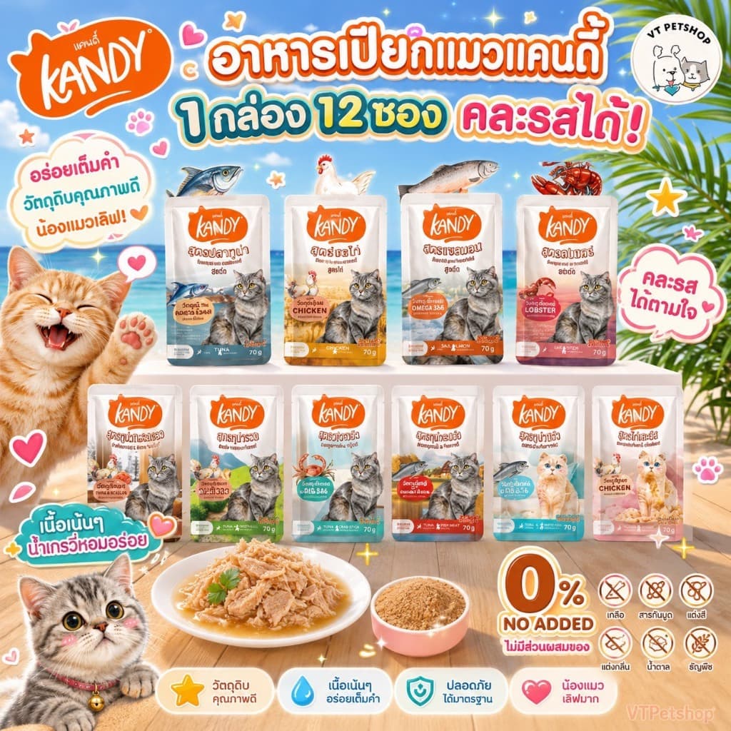 (12 ซอง) Kandy อาหารเปียกแมว สําหรับลูกแมว และแมวโต ตั้งแต่ 2 เดือนขึ้นไป ไม่ใส่เกลือ ขนาด 70 กรัม Kandy (12…