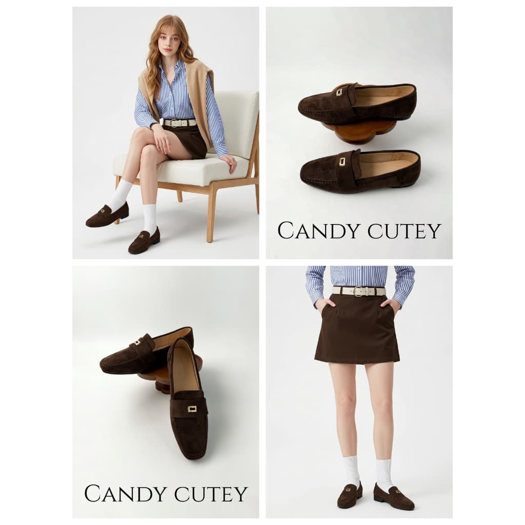 CandyCuteyรองเท้าโลฟเฟอร์ผู้หญิงหนังกลับ ตกแต่งเข็มกลัดโลหะสี่เหลี่ยม พื้นราบพื้นนุ่ม สวมใส่ง่าย…