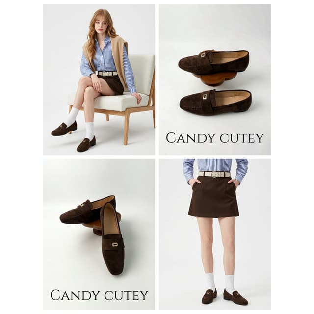 CandyCuteyรองเท้าโลฟเฟอร์ผู้หญิงหนังกลับ ตกแต่งเข็มกลัดโลหะสี่เหลี่ยม พื้นราบพื้นนุ่ม สวมใส่ง่าย…