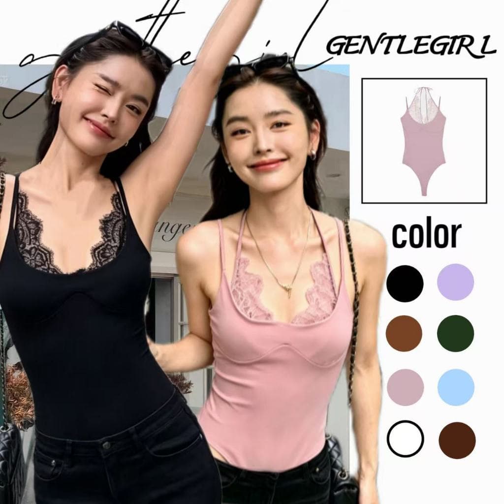 #GG🎀เสื้อสายเดี่ยวผ้าลูกไม้แบบผูกคอ จั๊มสูทสั้นไร้สายสไตล์ใหม่สําหรับฤดูร้อนของผู้หญิง
