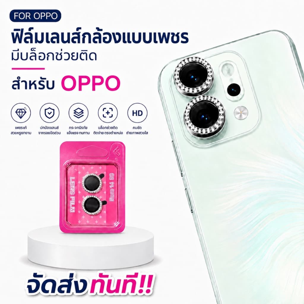 cxshop (003) ฟิล์มเลนส์กล้องแบบใหม่ กล้องบล๊อกแบบเพชร (ได้เป็นชุดตามเลนส์กล้อง) ติดง่าย แค่วาง สําหรับ Oppo…