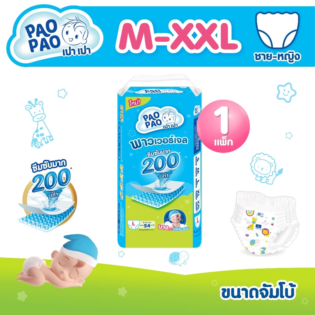 PAOPAO เปาเปา ผ้าอ้อมเด็ก Size M-XXL - บาง ซึมไว ใส่สบายไม่ตุงก้น ด้วยพาวเวอร์เจล