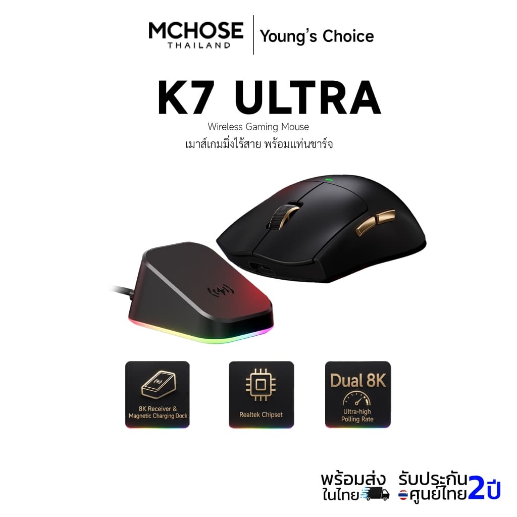MCHOSE K7 Ultra Wireless Gaming Mouse เมาส์เกมมิ่งไร้สาย PAW3950 8K Polling Rate พร้อมแท่นชาร์จ คลิกแม่นยํา…