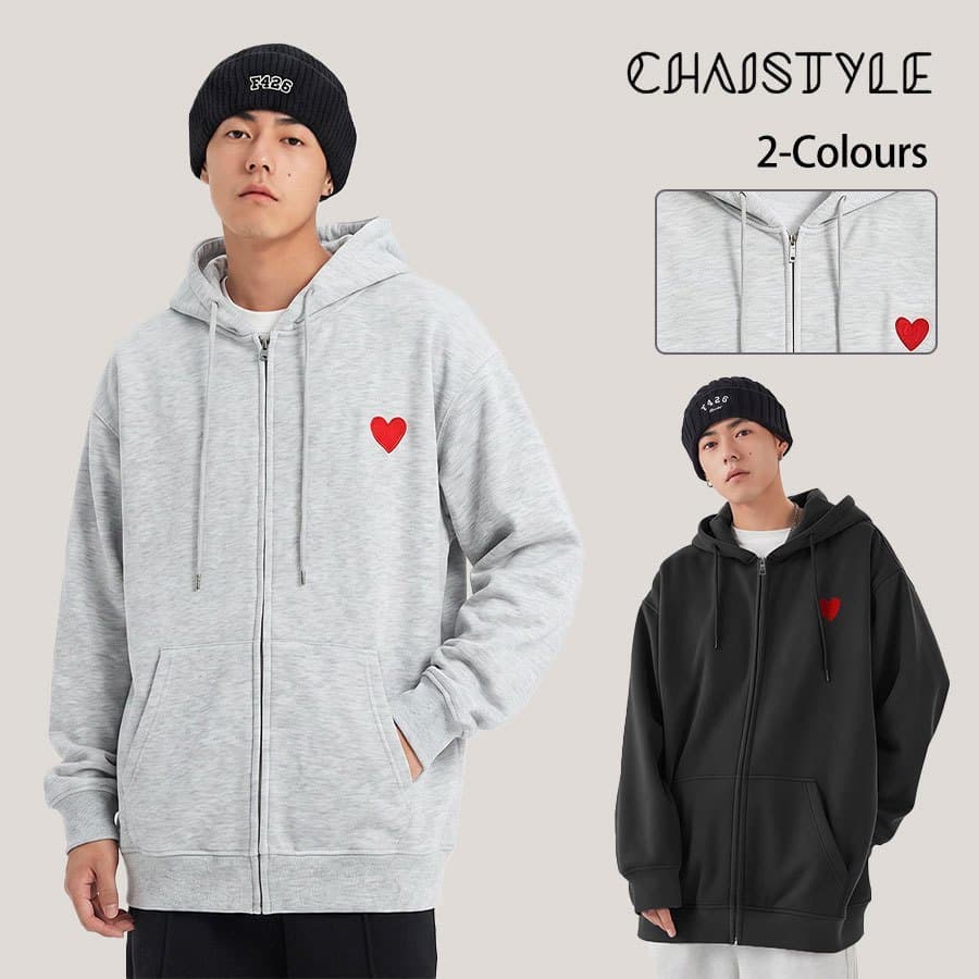 Chaistyle เสื้อคลุมแขนยาวผู้ชาย ลายหัวใจ เสื้อฮู้ดมีหมวก หลวม สบายๆ แบบคู่รัก ฤดูใบไม้ร่วง สไตล์เกาหลี สีพื้น…