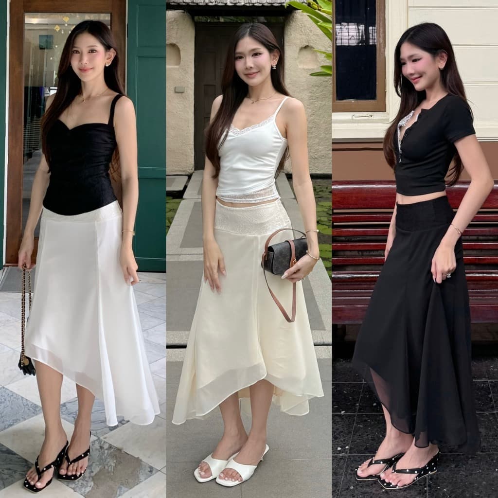NICHARIS - กระโปรงยาวชีฟองลูกไม้ รุ่น Venice skirt