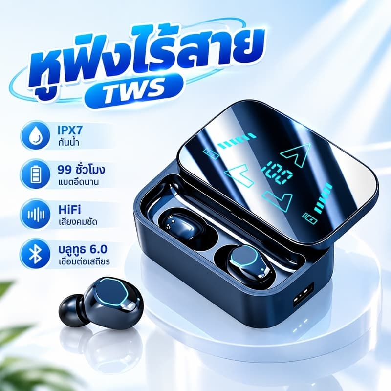 หูฟังไร้สายTWS บลูทูธ 6.0 หน้าจอแสดงตัวเลข LED ตัดเสียงรบกวน ANC ไม่รั่วเสียง แบตเตอรี่ใช้งานยาว 99 ชั่วโมง…