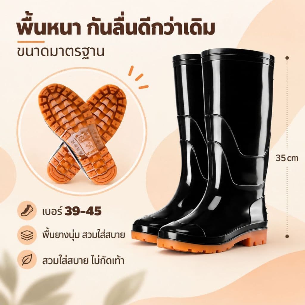 รองเท้าบูท (Size: 39-45) แบบยาวสีดํา คุณภาพดี กันน้ําเนื้อเนียนงานคุณภาพ ตัดหญ้า กรีดยาง กันน้ํา ดํานา