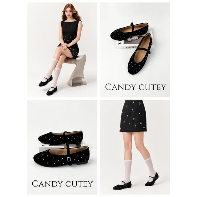 CandyCutey รองเท้าแมรี่เจนผู้หญิง ผิวเนื้อขนสั้น ตกแต่งสตั๊ดสีทองโบราณ สไตล์เกาหลี พื้นแบน สายรัดตัวล็อค…