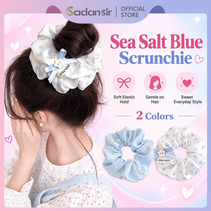 Sadansir.th1 ยางรัดผมลายจุดสีฟ้าเกลือทะเล ดีไซน์มวยผมไฮเอนด์ ผ้านุ่ม ยืดหยุ่นสูง ใส่ได้หลายโอกาส