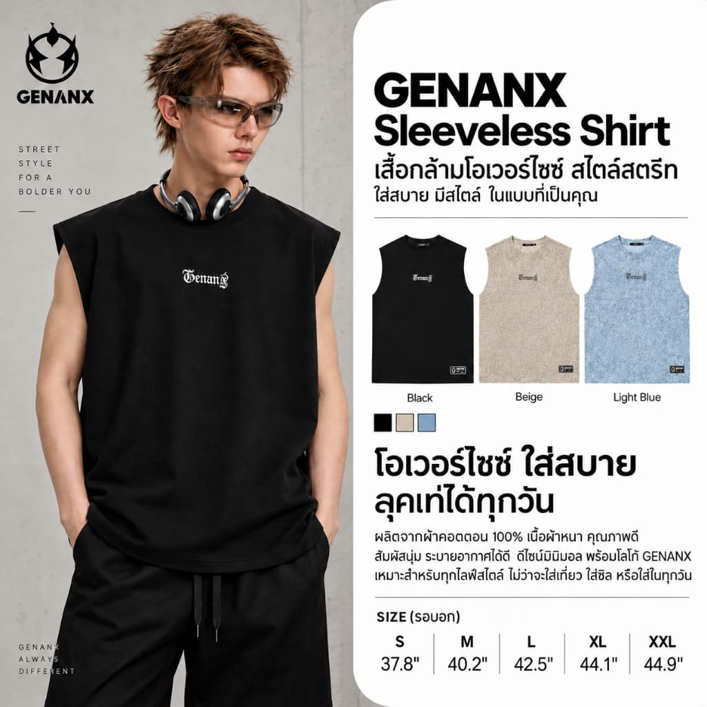 Genanx เสื้อกล้ามผู้ชาย เสื้อแขนกุด เสื้อแฟชั่น Oversize ผ้าคอตตอน 100% สไตล์สตรีท ทรงหลวม ใส่สบาย