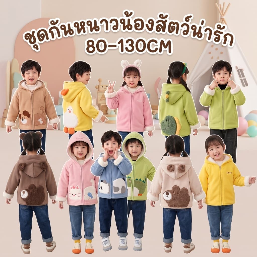 MooDeng Baby เสื้อกันหนาว แขนยาว ผ้าหนา อบอุ่น หนา2ชั้น มีฮูด มีซิป ลายสัตว์น่ารัก ขนอัลปาก้าผสม นุ่ม