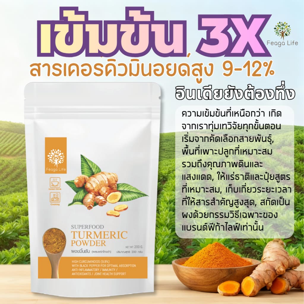 ผงขมิ้นชัน เคอร์คิวมินอยด์ 9% ผสมพริกไทยดํา Feaga Life Turmeric Powder 200 กรัม