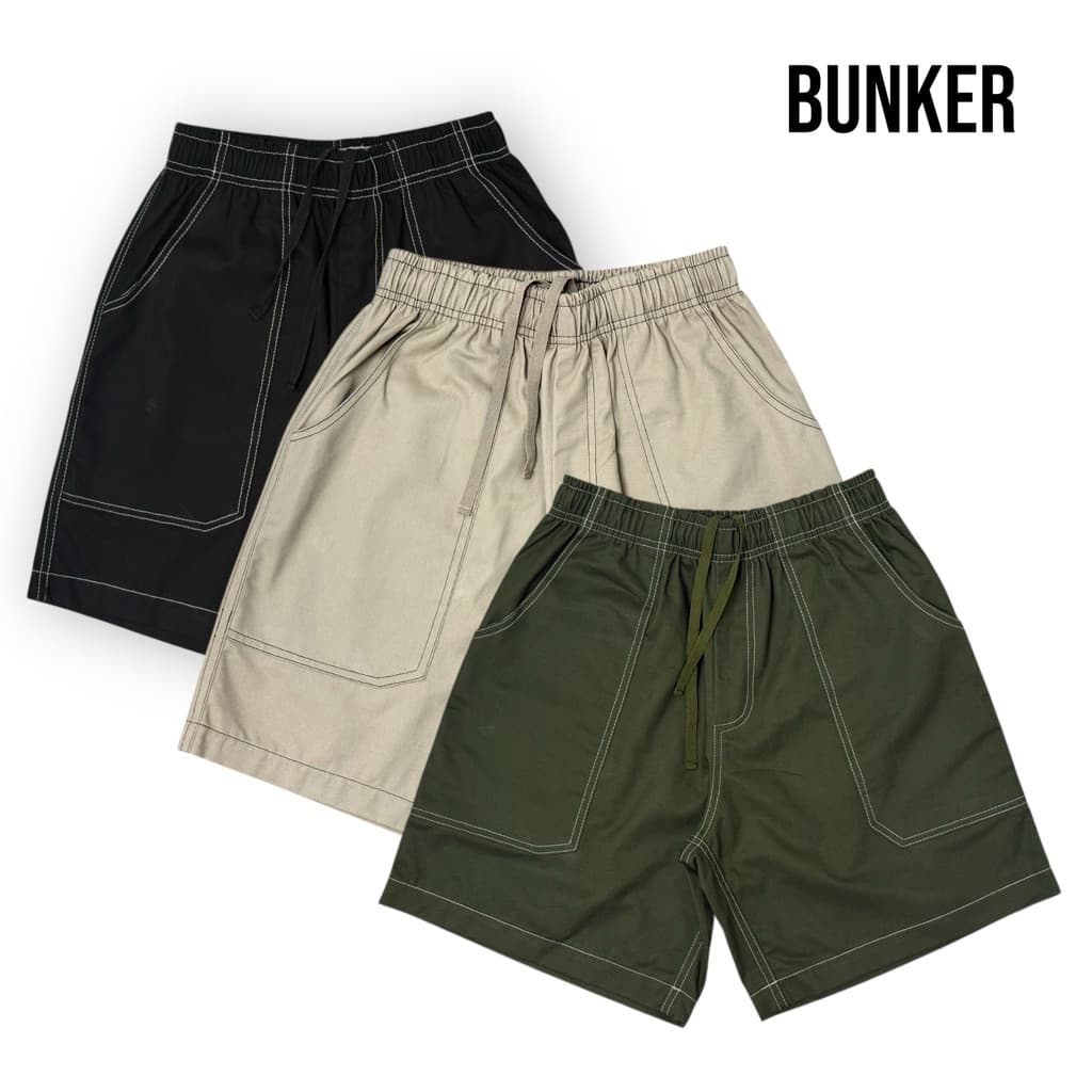 Bunker กางเกงขาสั้น วินเทจ ขากว้าง ทรงหลวม เอวยางยืด ผ้า Cotton 100% แท้ ใส่สบาย รุ่น CN-100
