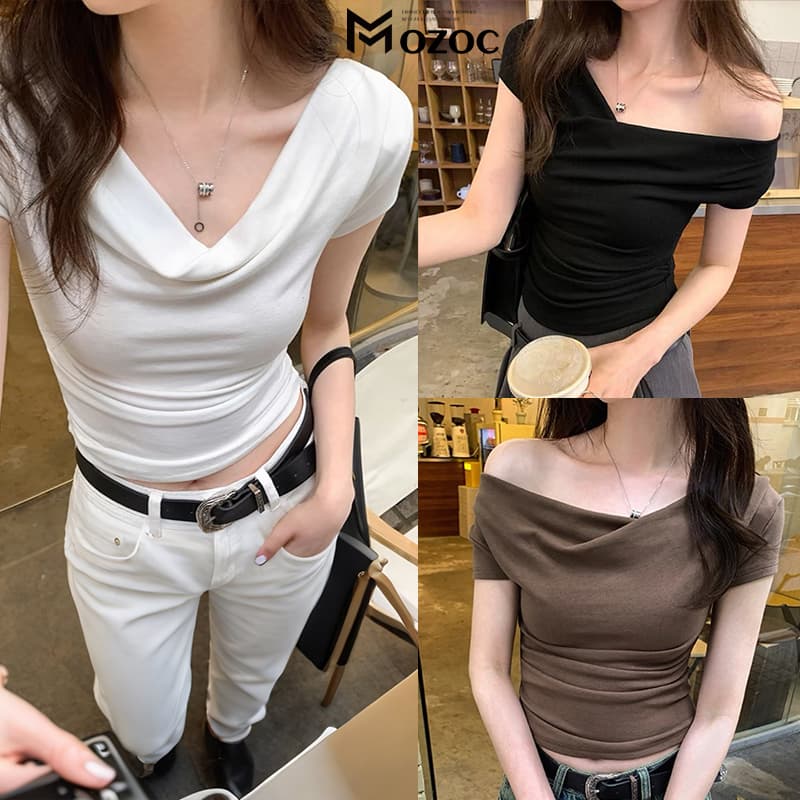 MOZOC สุภาพสตรีปิดไหล่หนึ่งคําเสื้อยืดไหล่บางเฉียบแสดงความรู้สึกของการออกแบบบางหยิกเอวแขนสั้นด้านบนสามารถสวมใส… รูปที่ 1