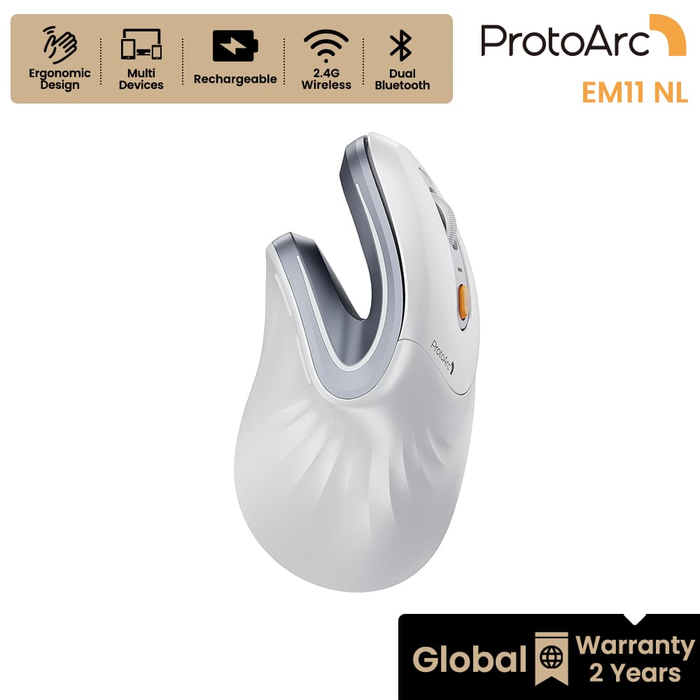 ProtoArc EM11 NL เมาส์แนวตั้ง Ergonomic เพื่อสุขภาพ ไร้สาย บลูทูธ 2 ช่อง + 2.4G ชาร์จได้ สีขาวเงิน…