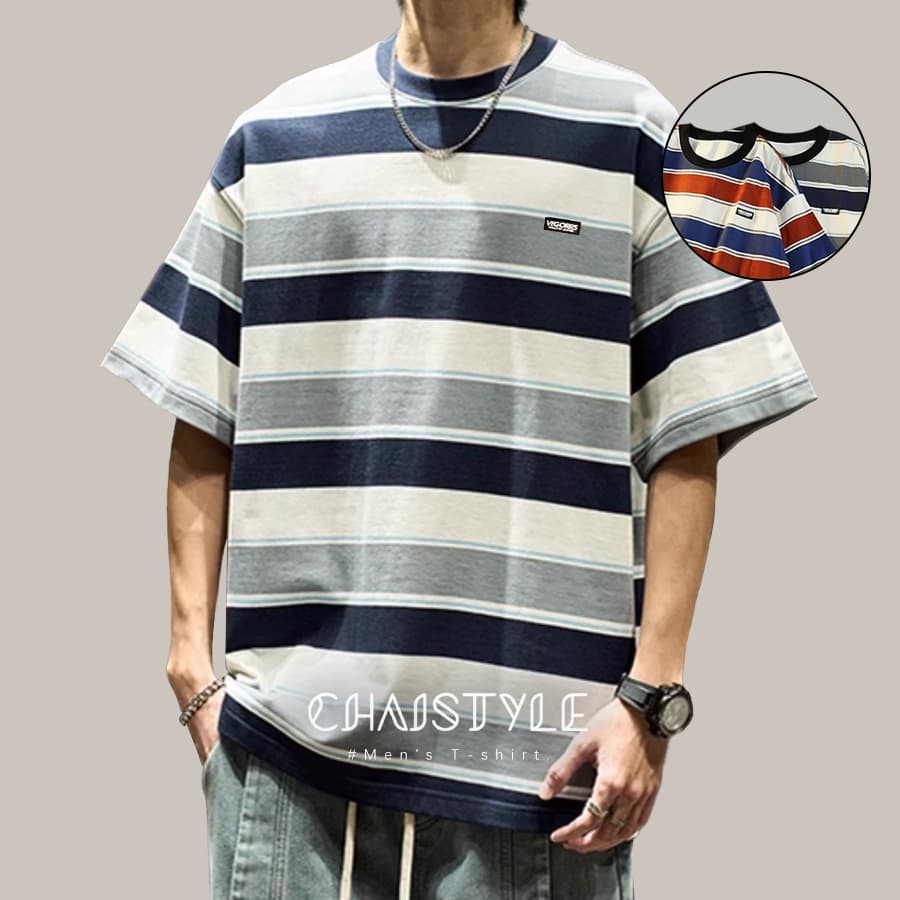 Chaistyle เสื้อยืด ลายทาง สีตัดกัน ย้อนยุค ฤดูร้อน คอกลม ทรงหลวม แมทช์ ลุคง่าย เสื้อแขนสั้นคู่รัก…