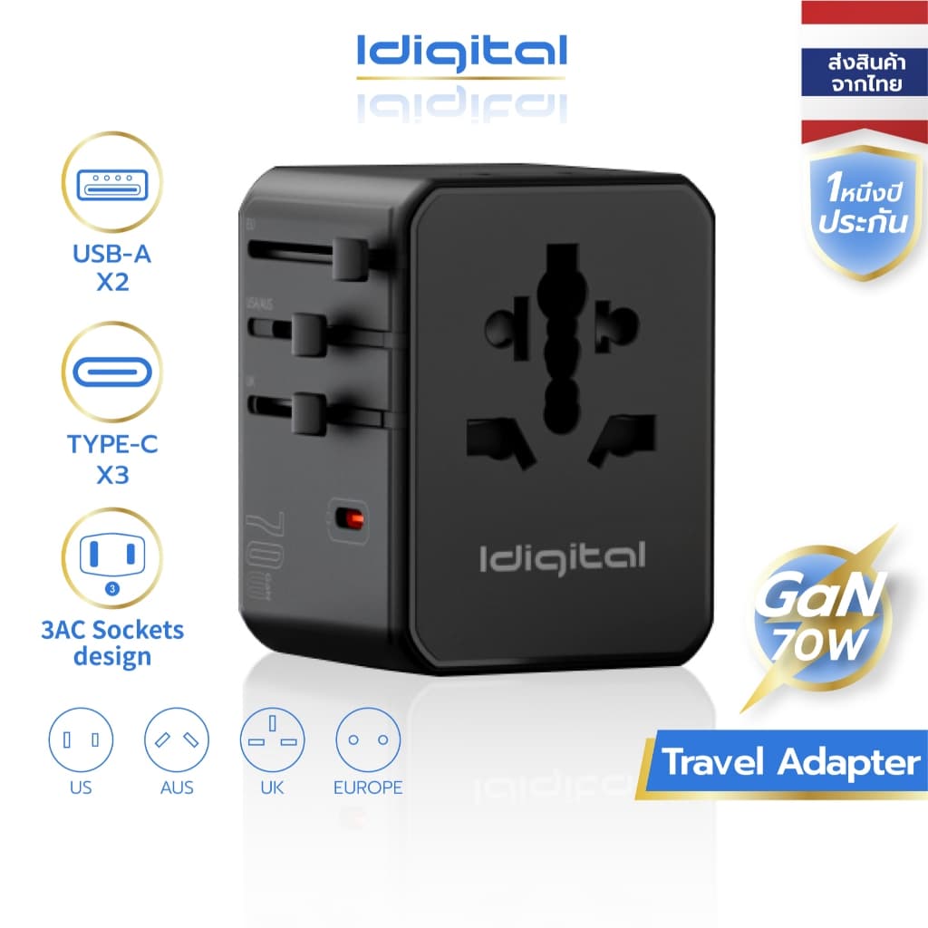 ส่งจาก กทม Idigital หัวแปลงปลั๊กไฟ Universal Travel Adapter, GaN 25W to 70W, USB-A / USB-C, เหมาะสําหรับ 200+…