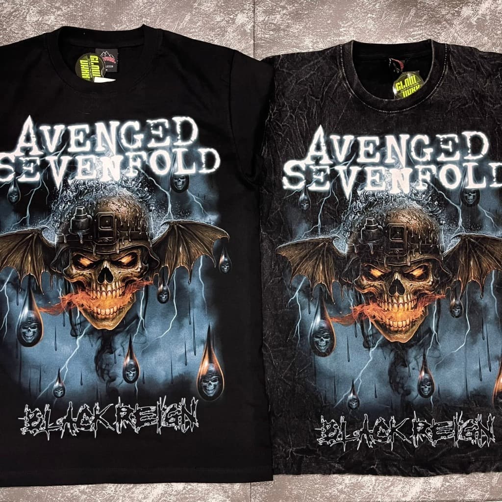 เสื้อยืดผ้าดํา-ผ้าฟอก A7X หัวกะโหลก (ป้ายRocktee เรืองแสง) ผ้าCotton100