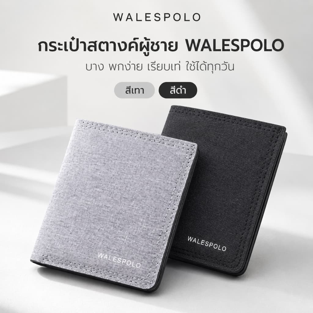 WALESPOLO กระเป๋าสตางค์ผู้ชาย รุ่นบางพกง่าย ผิวลายผ้า ใส่บัตร ธนบัตร รูปถ่าย ใช้ทุกวัน สีดํา สีเทา