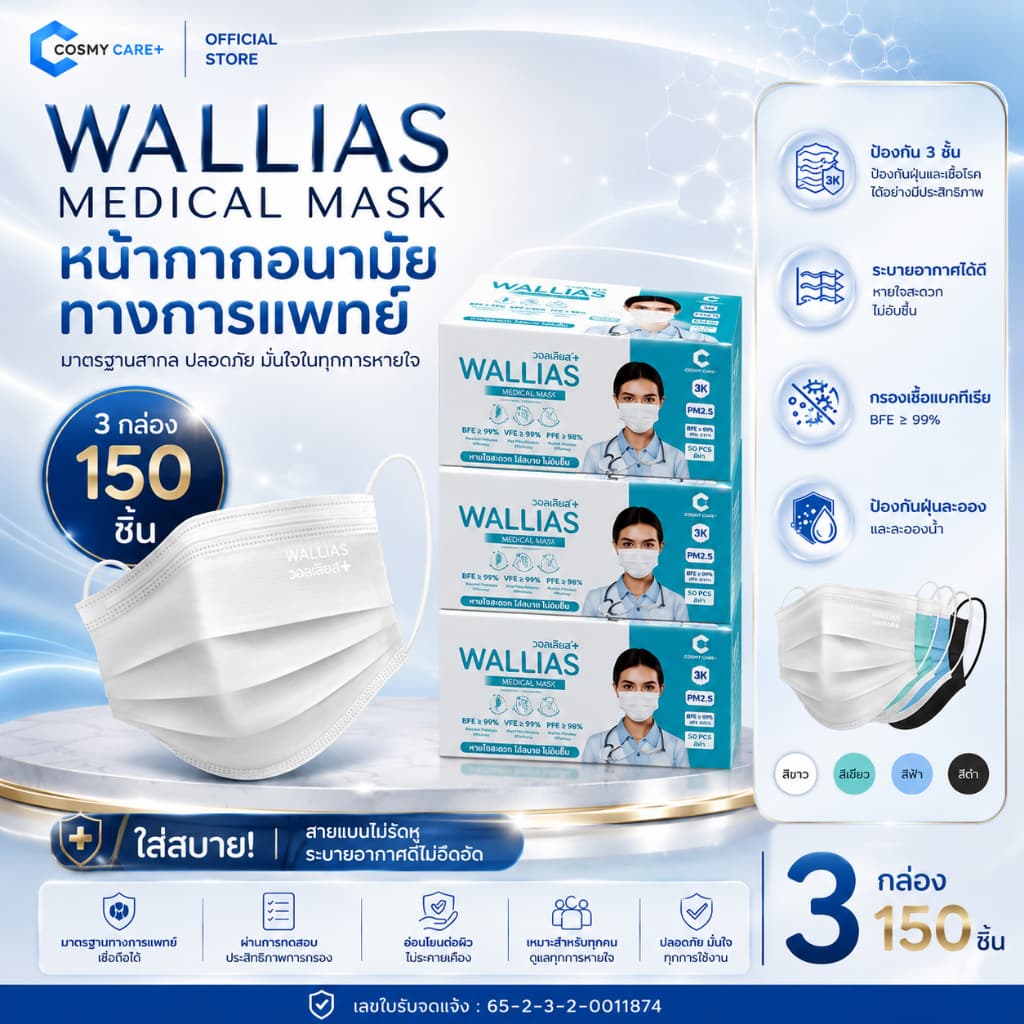 (เซต 3 กล่อง) หน้ากากอนามัยทางการแพทย์ Wallias ของแท้ 3 ชั้น กรองฝุ่น 99% ใส่สบาย ไม่อับ ไม่เจ็บหู | 50…