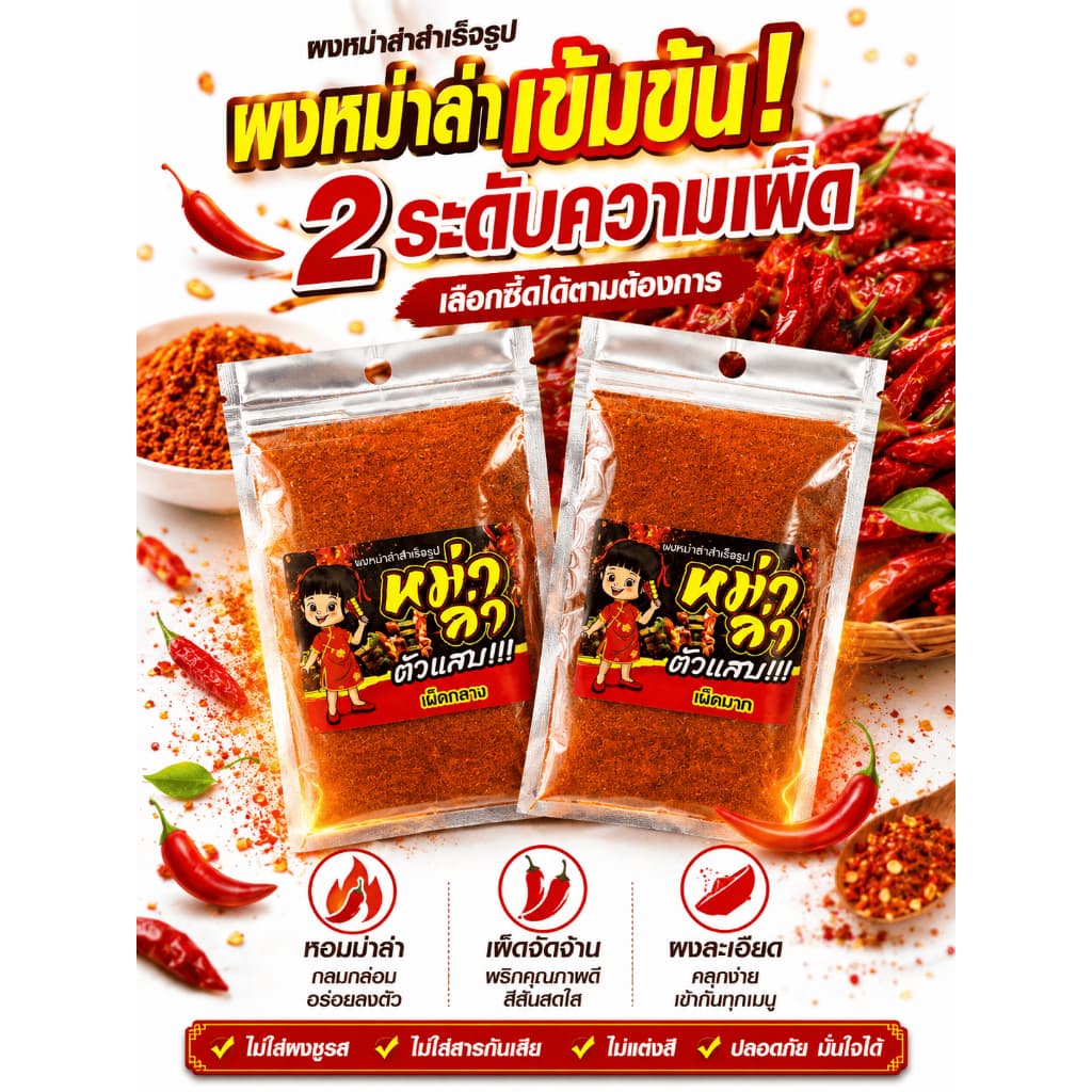 ผงหม่าล่า ตัวแสบ (100-250กรัม) หอมเครื่องเทศ เผ็ด ชา ไม่ฉุน มี อย. ผงหม่าล่าสําเร็จรูป