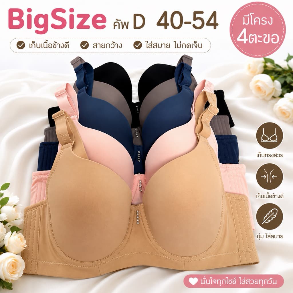 เสื้อในไซส์ใหญ่ Cup D 40–54 เต้าลึก มีโครง 4ตะขอ เสื้อในสาวอวบ เนื้อผ้าเกรดขึ้นห้าง