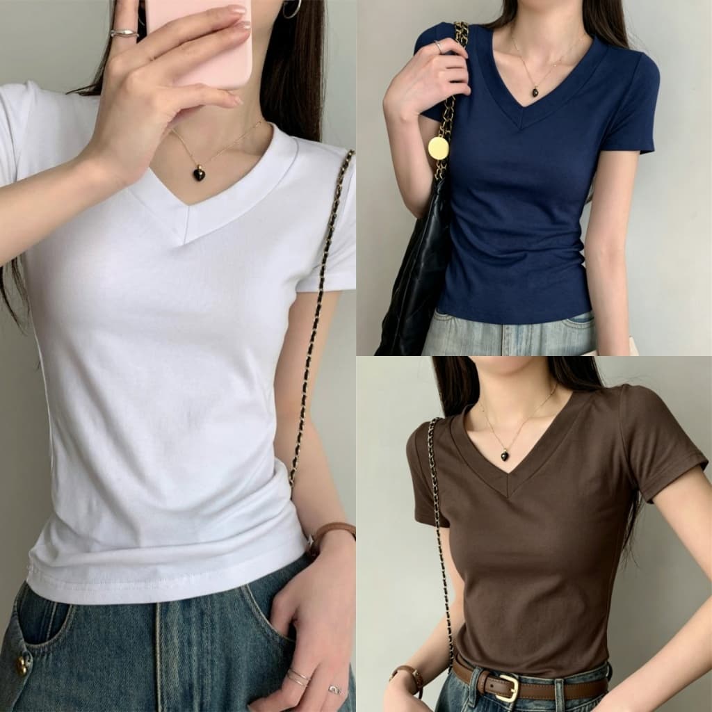 Beryl เสื้อยืดแขนสั้นสีขาวคอวีลําลอง เสื้อยืดสีทึบขั้นพื้นฐาน ผ้าเนื้อนุ่ม ใส่สบาย กระชับสัดส่วน